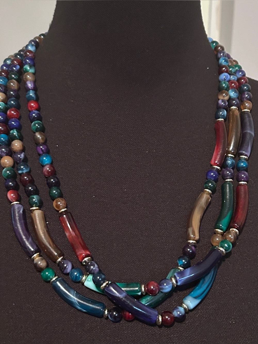 Vintage Late 1970s Triple Strand Lucite Bead Necklace Multicolor